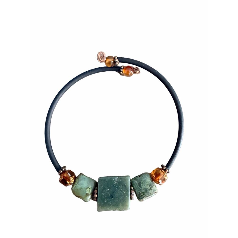 Green Stone & Amber Tone Bead Open Wrap Bracelet – Boho Statement Jewelry